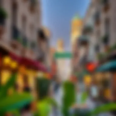 Vibrant streetscape of Al Nadha with bustling cafes and shops