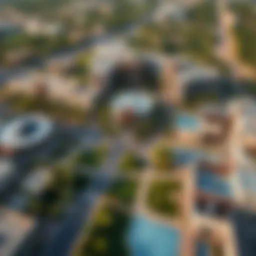 Aerial view of Al Nadha showcasing modern architecture and green spaces