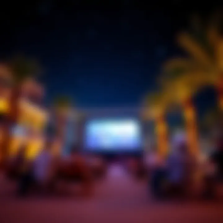 A vibrant scene of guests enjoying a movie night under the stars at JBR