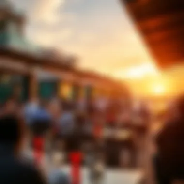 Vibrant Dining Atmosphere at Dusk A bustling dining scene with patrons enjoying their meals at sunset