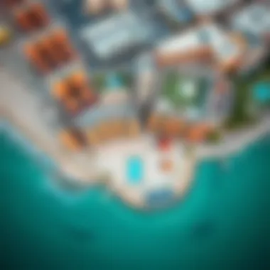 An aerial view of JBR showcasing its beachfront and the cinema layout