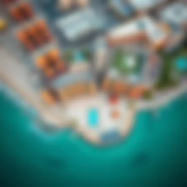 An aerial view of JBR showcasing its beachfront and the cinema layout